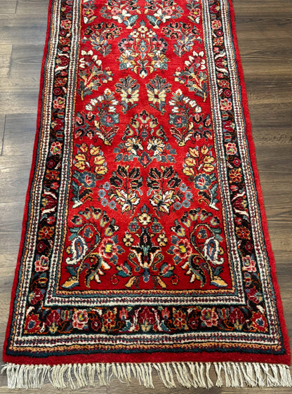 Persian Sarouk Runner Rug 3x12, Red Floral 3 x 12ft Runner, Vintage, Wool
