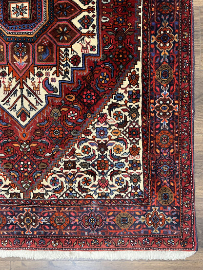 Fine Persian Bidjar Rug 3x5, Geometric Medallion Oriental Bijar Carpet 3 x 5 ft, Ruby Red and Cream, Hand Knotted Wool Rug, Semi Antique Tribal Rug, Nice