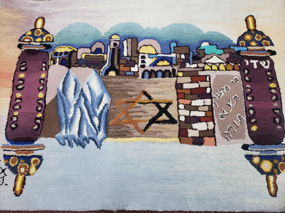 Vintage Judaica Pictorial Rug 3x5, Wool Hand-Tufted Israeli Signed Rug, Jerusalem Rug, Star of David Torah Scroll Verses, Chanuka Gift