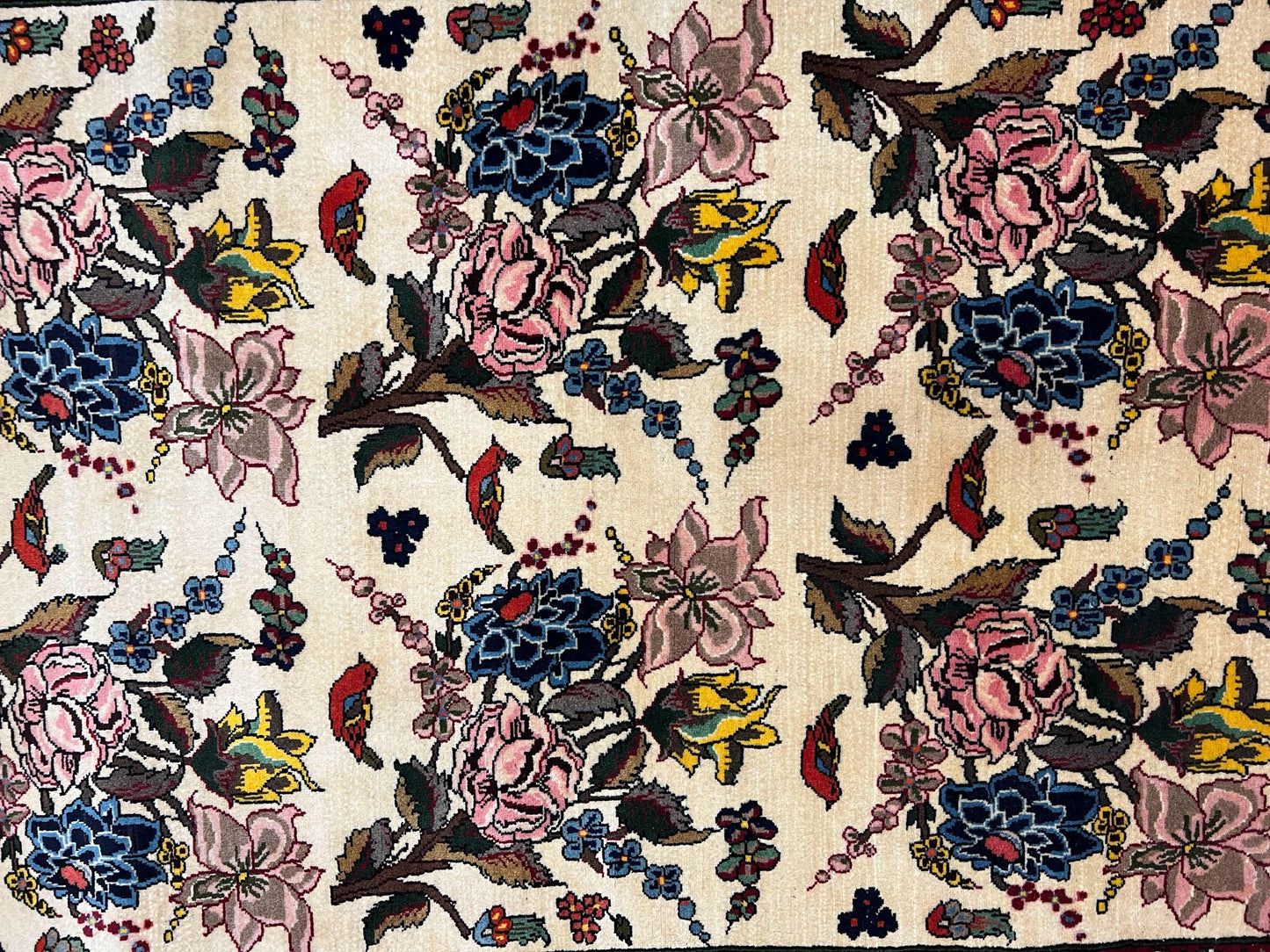 Persian Bidjar Rug 3.6 x 5 ft, Repeated Floral Motifs, Roses and Birds, Cream Burgundy, Fine Wool Oriental Bijar Carpet, Vintage Traditional Area Rug