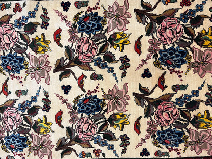 Persian Bidjar Rug 3.6 x 5 ft, Repeated Floral Motifs, Roses and Birds, Cream Burgundy, Fine Wool Oriental Bijar Carpet, Vintage Traditional Area Rug