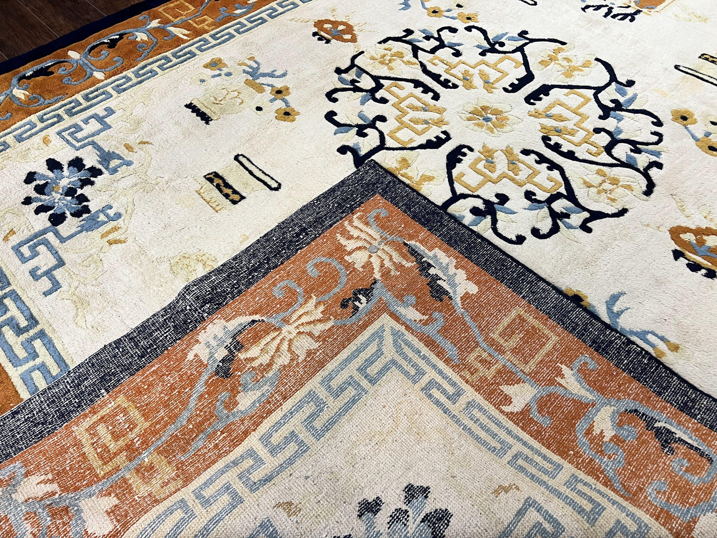 Indo Chinese Rug 9x12, Asian Oriental Carpet 9 x 12, Cream & Burnt Orange, Handmade Wool Vintage Art Deco Rug