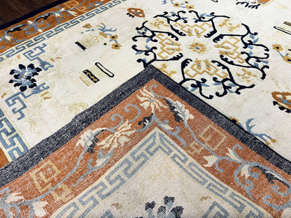 Indo Chinese Rug 9x12, Asian Oriental Carpet 9 x 12, Cream & Burnt Orange, Handmade Wool Vintage Art Deco Rug