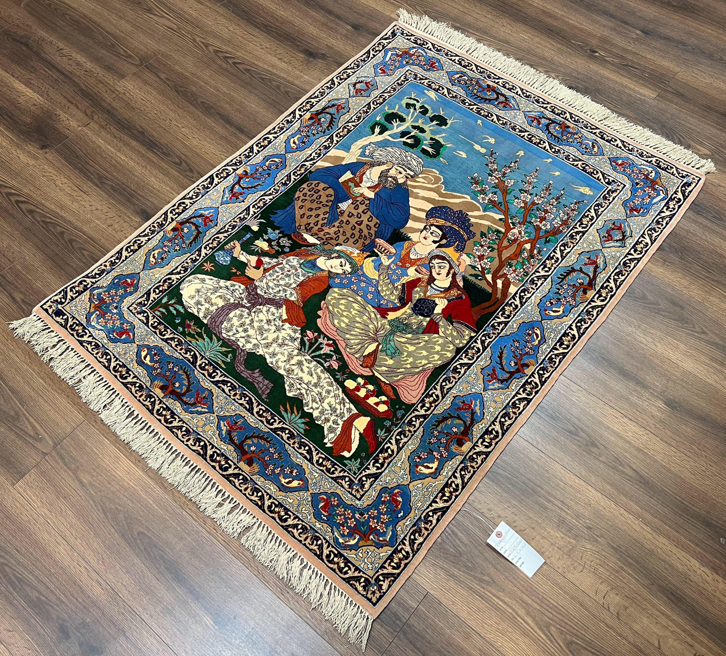Fine Persian Isfahan Pictorial Rug 3.7 x 5, Kork Wool on Silk Foundation, Blue Persian Carpet, Hand Knotted, Humans Birds, High KPSI, Semi Antique