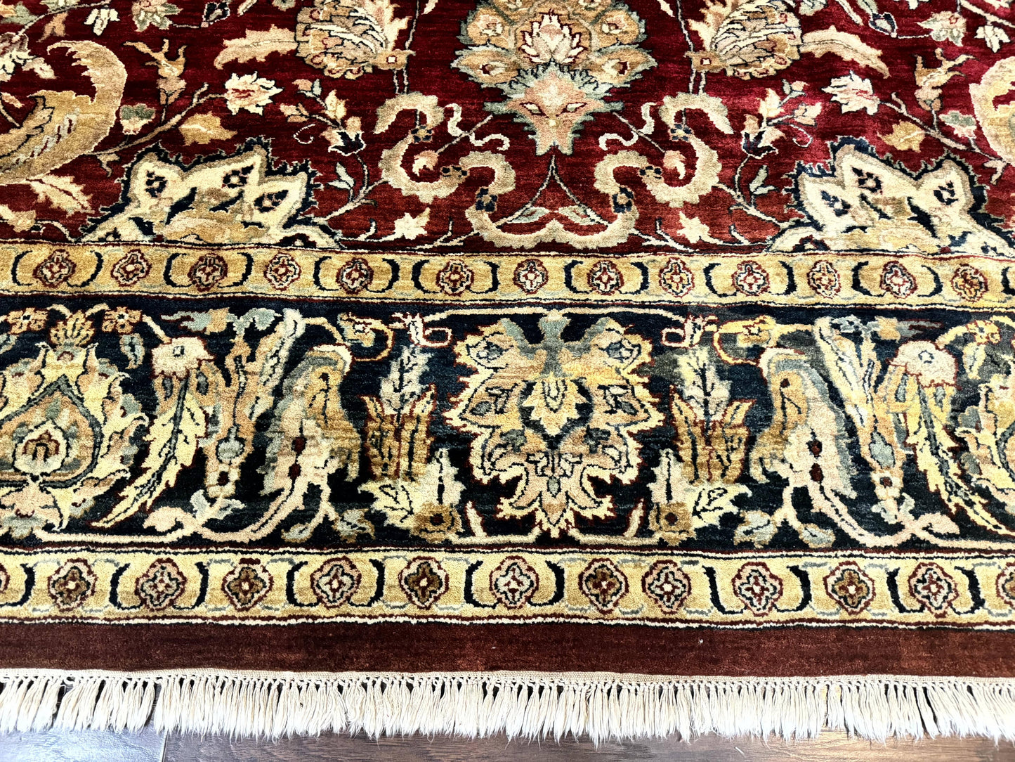 Indo Persian Rug 10x14 Vintage Handmade Wool Carpet Dark Red Navy Blue Beige