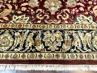 Indo Persian Rug 10x14 Vintage Handmade Wool Carpet Dark Red Navy Blue Beige