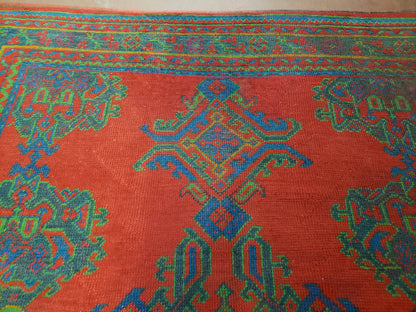 Turkish Oushak Rug 7x11 Vintage Red And Blue Hand Knotted Wool Area Rug