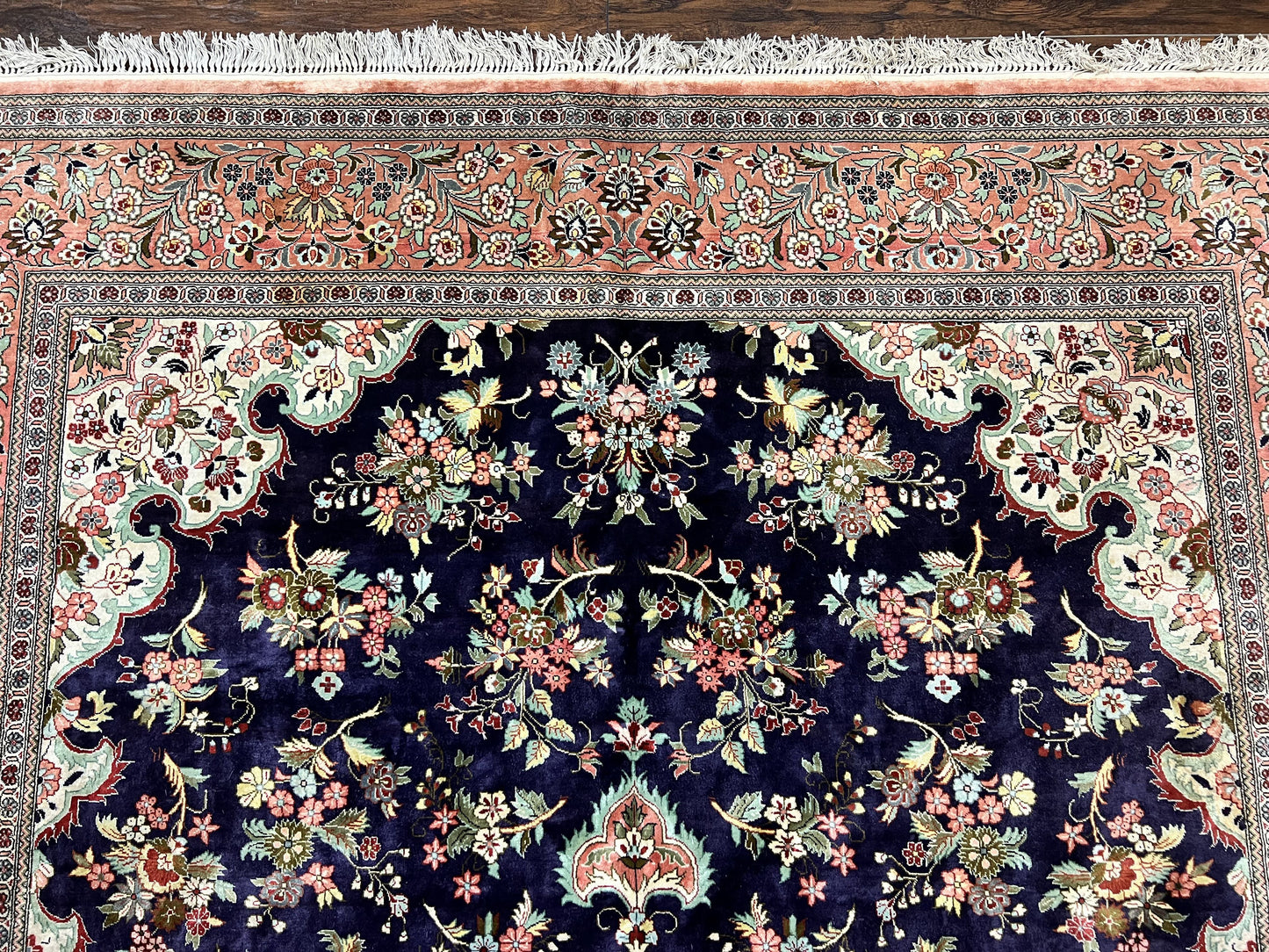 Silk Persian Qum Rug 7x9 Hand Knotted Navy Blue Salmon Floral Medallion Authentic Oriental Carpet