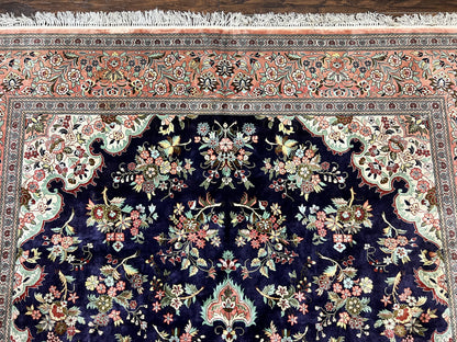 Silk Persian Qum Rug 7x9 Hand Knotted Navy Blue Salmon Floral Medallion Authentic Oriental Carpet
