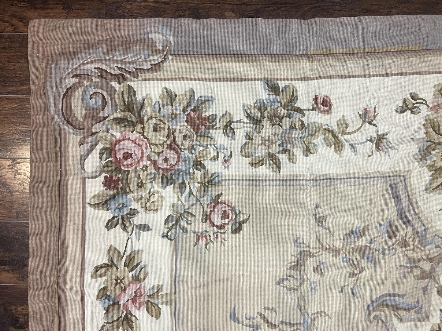 Aubusson Needlepoint Rug 9x12 Vintage Handmade Wool Beige Floral Roses European Elegant