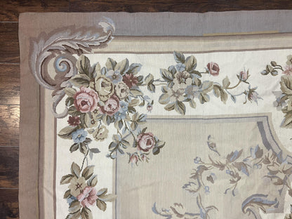 Aubusson Needlepoint Rug 9x12 Vintage Handmade Wool Beige Floral Roses European Elegant
