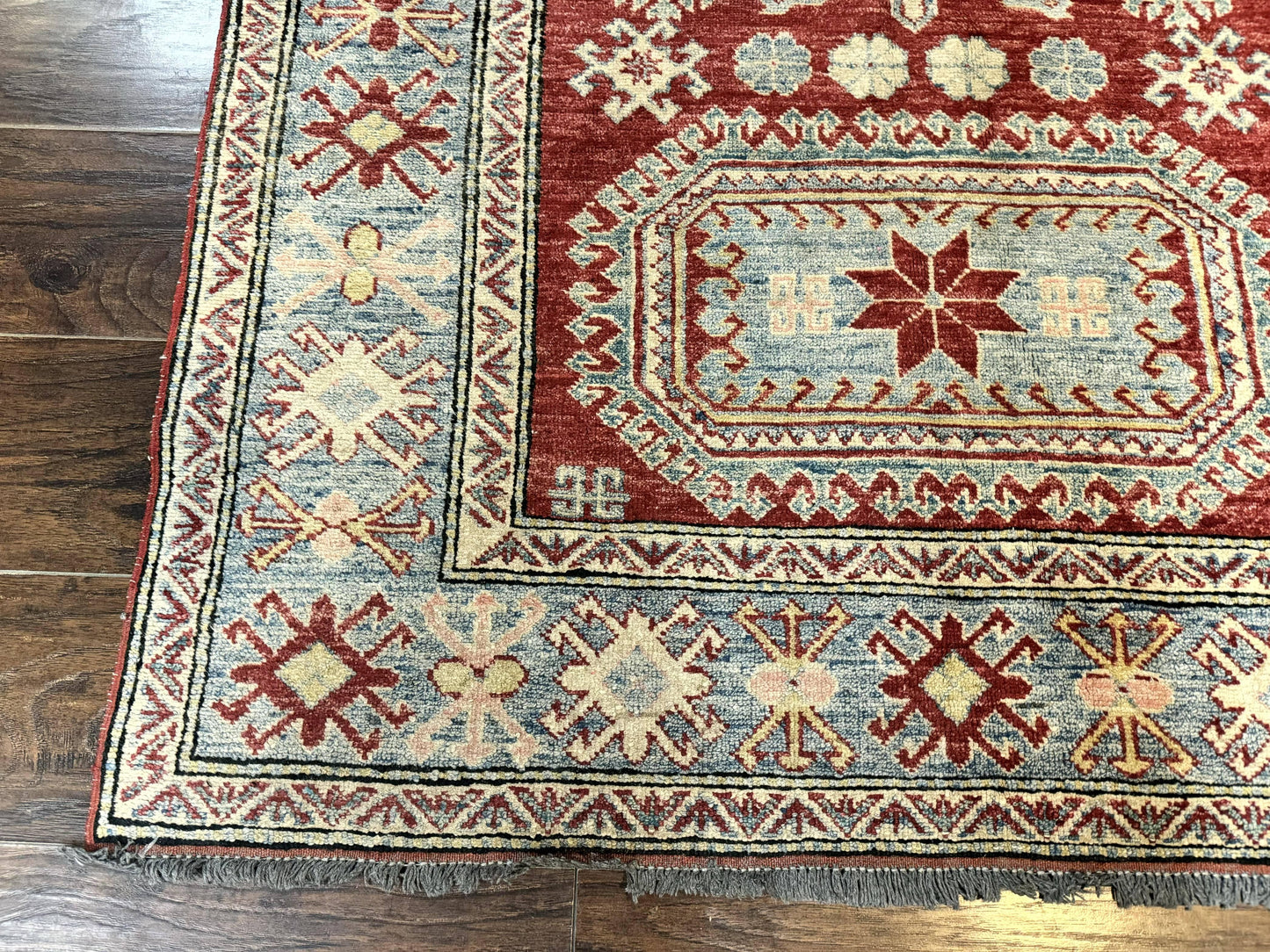 Turkish Kazak Rug Handmade Vintage Wool Carpet Geometric Design Red And Light Blue
