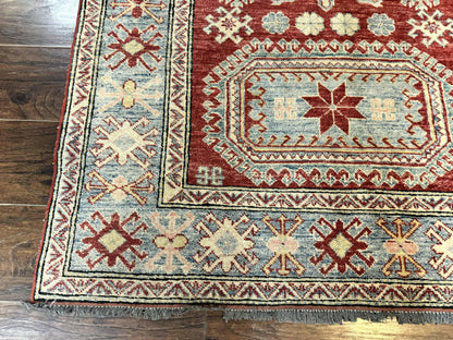 Turkish Kazak Rug Handmade Vintage Wool Carpet Geometric Design Red And Light Blue