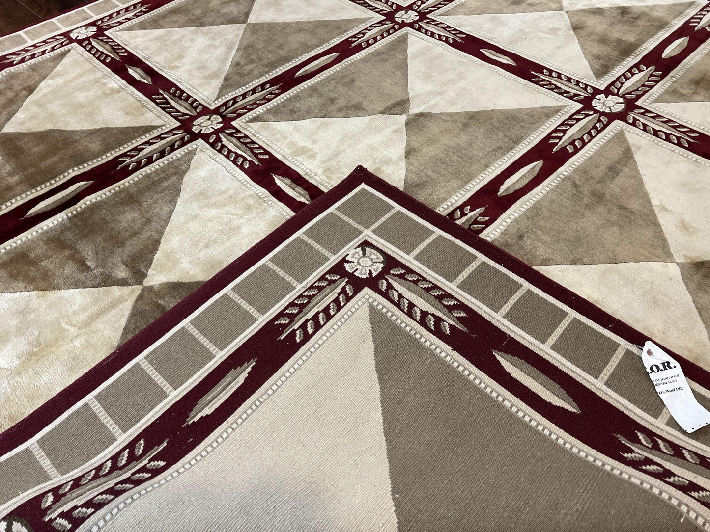 Indo Tibetan Rug 10x14, Nepali Carpet, Large Soft Wool Area Rug, Olive Tan Maroon, Contemporary Rug 10 x 14 ft Living Room Rug, Handmade Rug