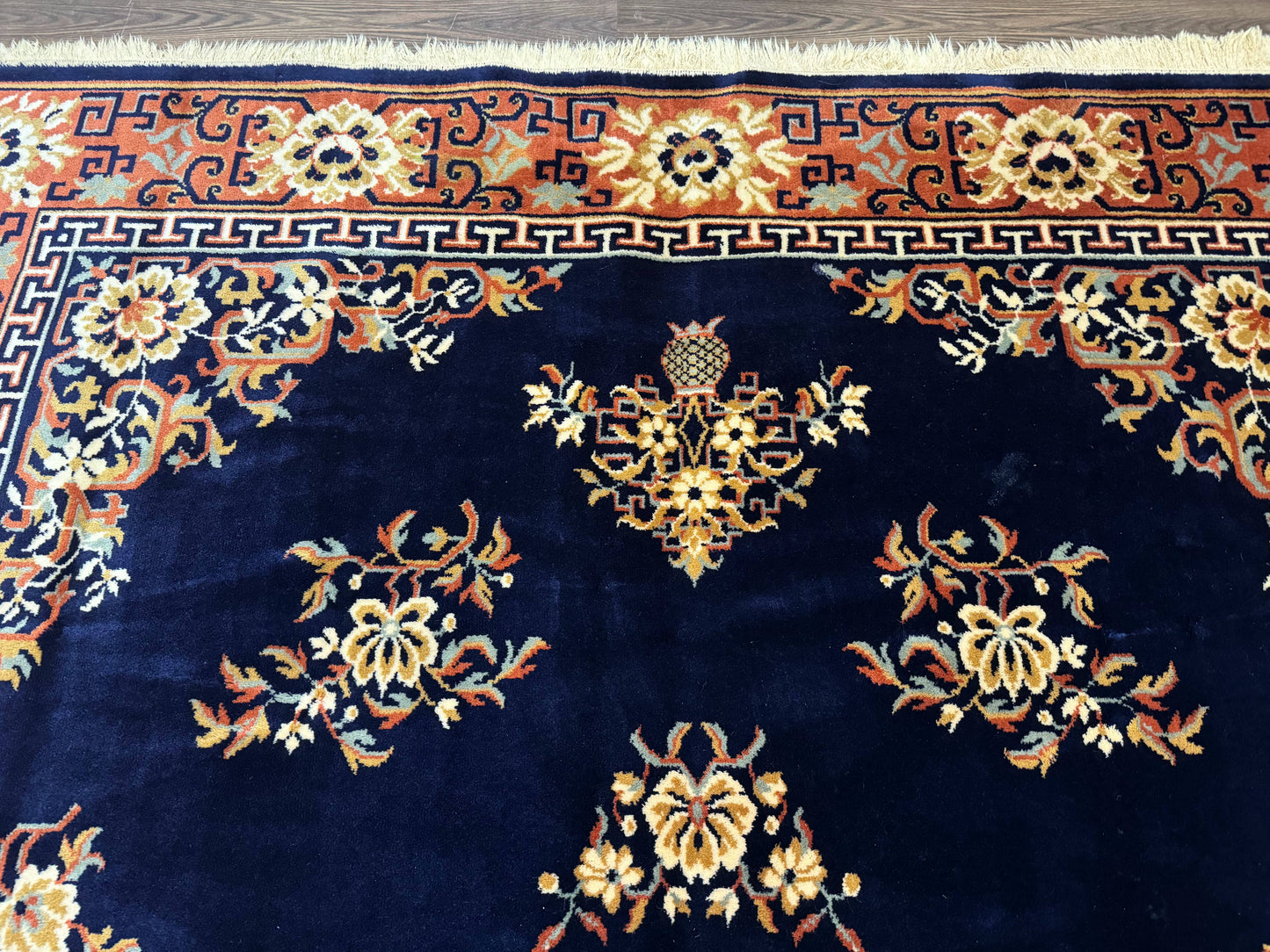 Vintage Chinese Wool Rug 8x11 in Navy Blue and Terracotta Floral Design, Couristan Power-Loomed