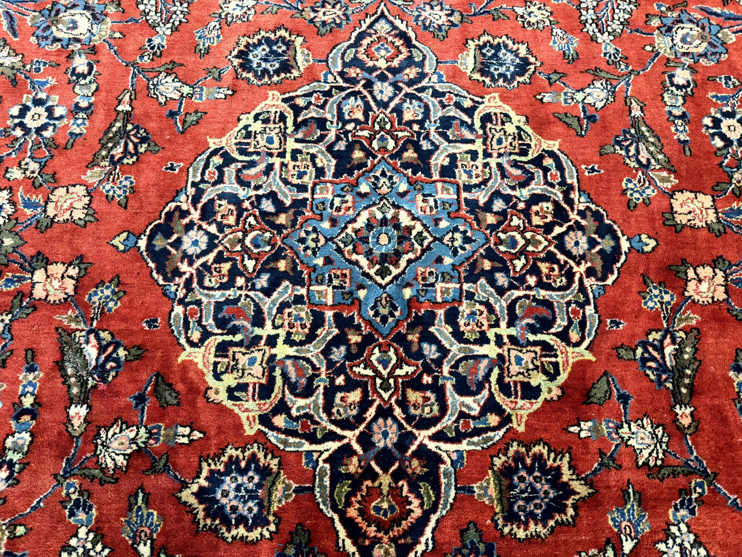 Red Persian Kashan Rug 10x14, Hand-Knotted Semi Antique Floral Medallion Handmade Wool Carpet, Red & Navy Blue