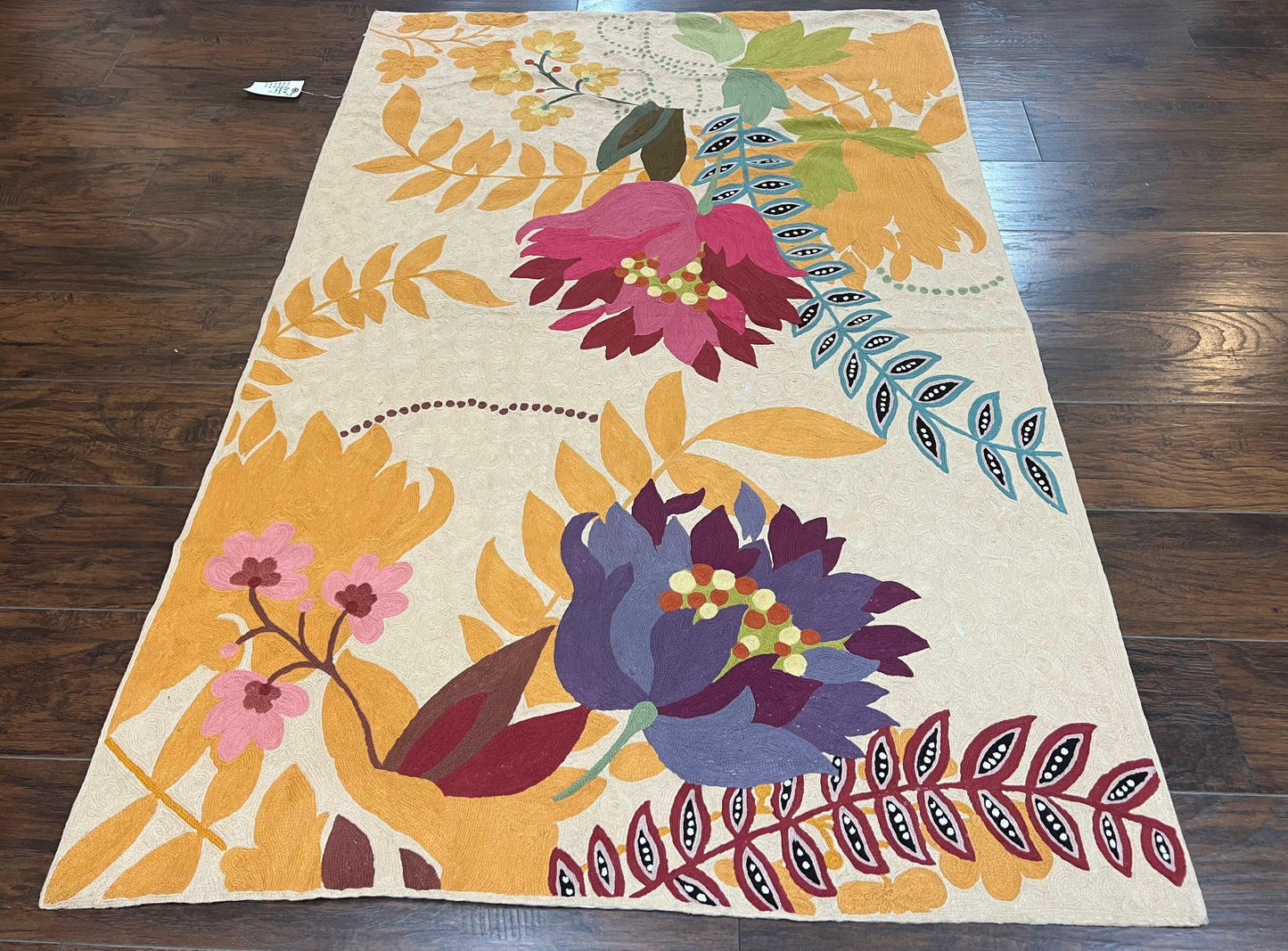 Indian Chain Stitched Rug 4x6, Hand Stitched Indian Embroidery Carpet, Large Floral Design, Contemporary, Cream and Colorful Flowers, Wool