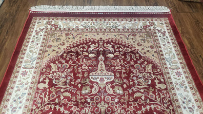 Silk Carpet 4x6 Dark Red & Cream, Tree of Life Rug, Animal Motifs, Birds Deer Rabbits, All Bamboo Silk, 4 x 6 Silk Area Rug