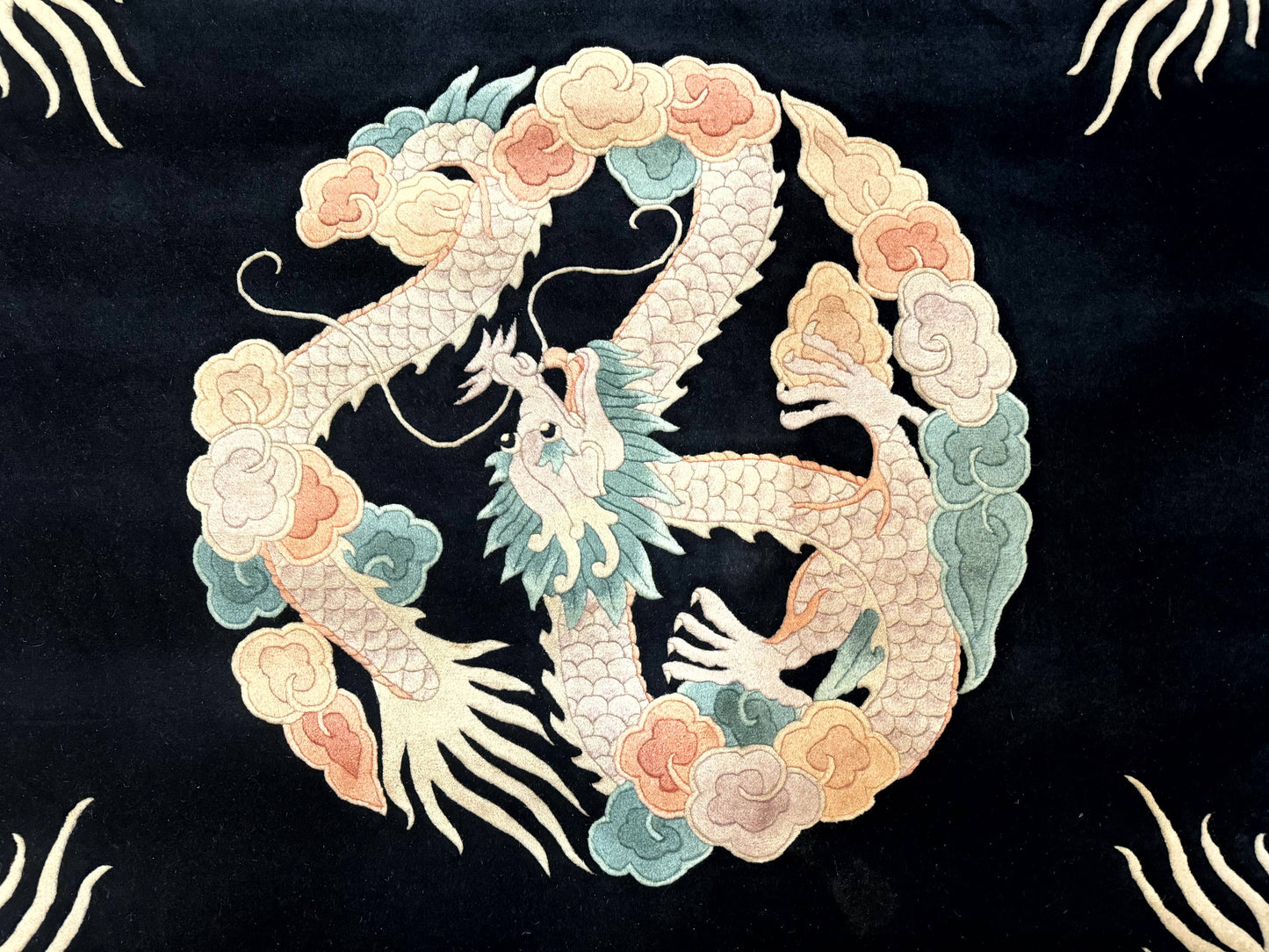 Black Chinese Wool Rug 8x10 Hand Knotted Dragons With Rainbow Borders