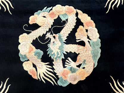 Black Chinese Wool Rug 8x10 Hand Knotted Dragons With Rainbow Borders