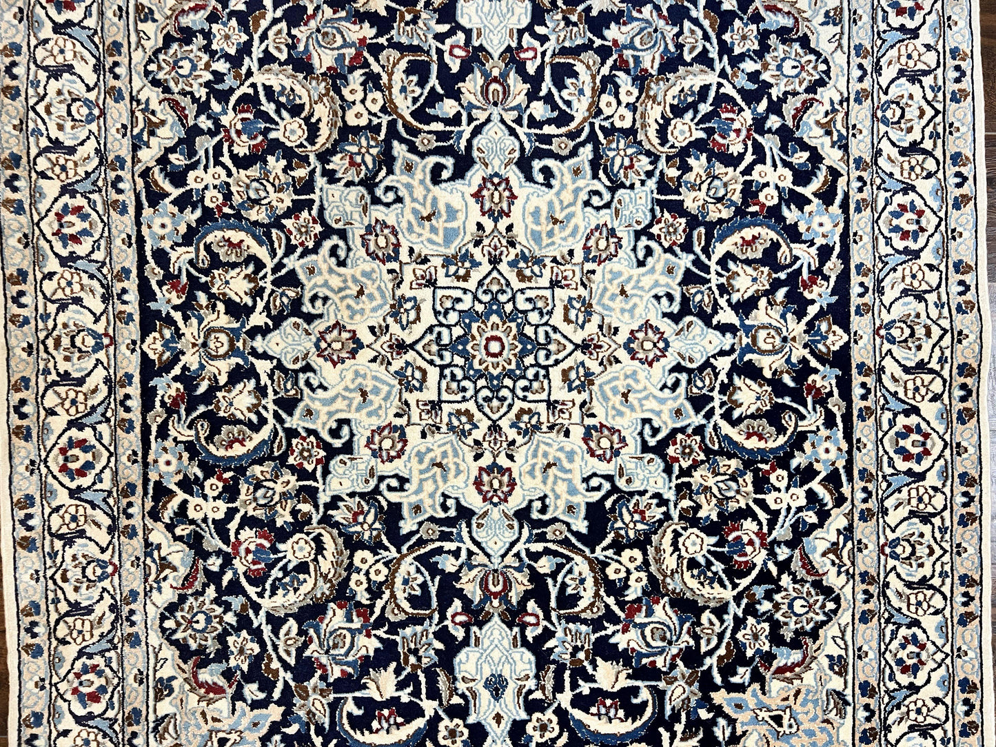 Persian Nain Rug 4x6, Floral, Hand Knotted Vintage Wool & Silk Highlights, Signature from Masterweaver, Navy Blue and Ivory