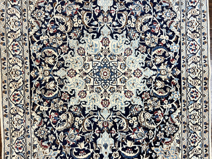 Persian Nain Rug 4x6, Floral, Hand Knotted Vintage Wool & Silk Highlights, Signature from Masterweaver, Navy Blue and Ivory