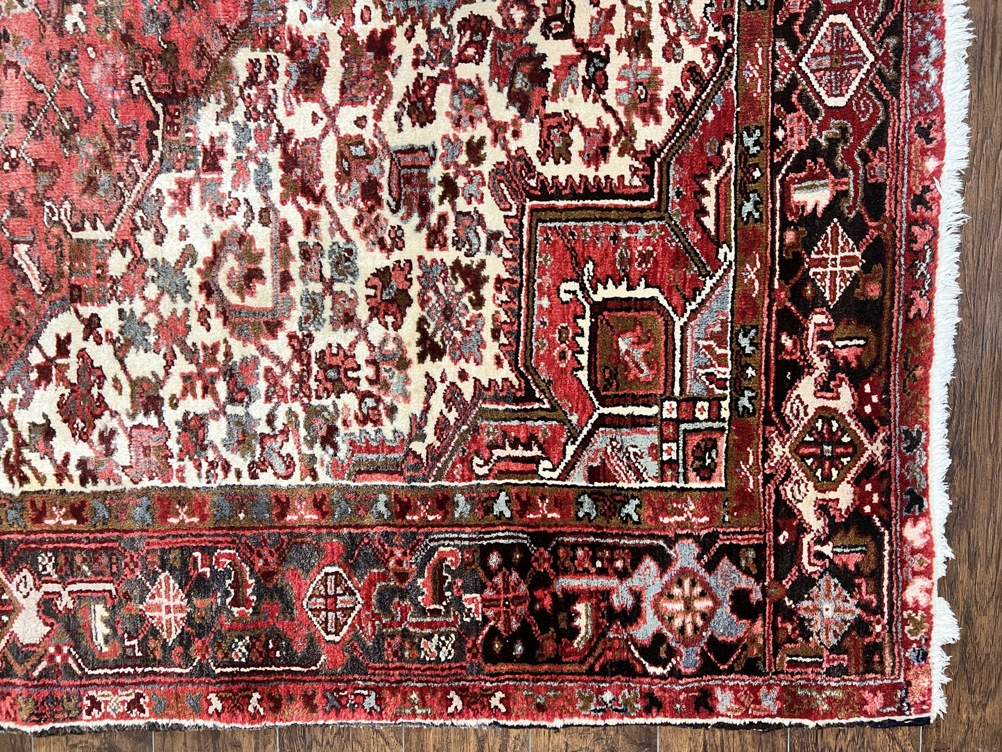 Large Persian Heriz Rug 10x13, Red and Cream Geometric Tribal Room Sized Handmade Wool Hand Knotted Semi Antique Decorative Oriental Carpet