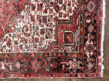 Large Persian Heriz Rug 10x13, Red and Cream Geometric Tribal Room Sized Handmade Wool Hand Knotted Semi Antique Decorative Oriental Carpet