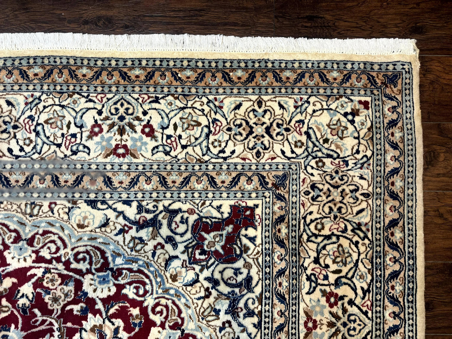 Persian Nain Rug 8x11 Wool Silk Highlights Burgundy Ivory Floral Medallion