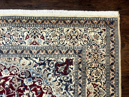 Persian Nain Rug 8x11 Wool Silk Highlights Burgundy Ivory Floral Medallion