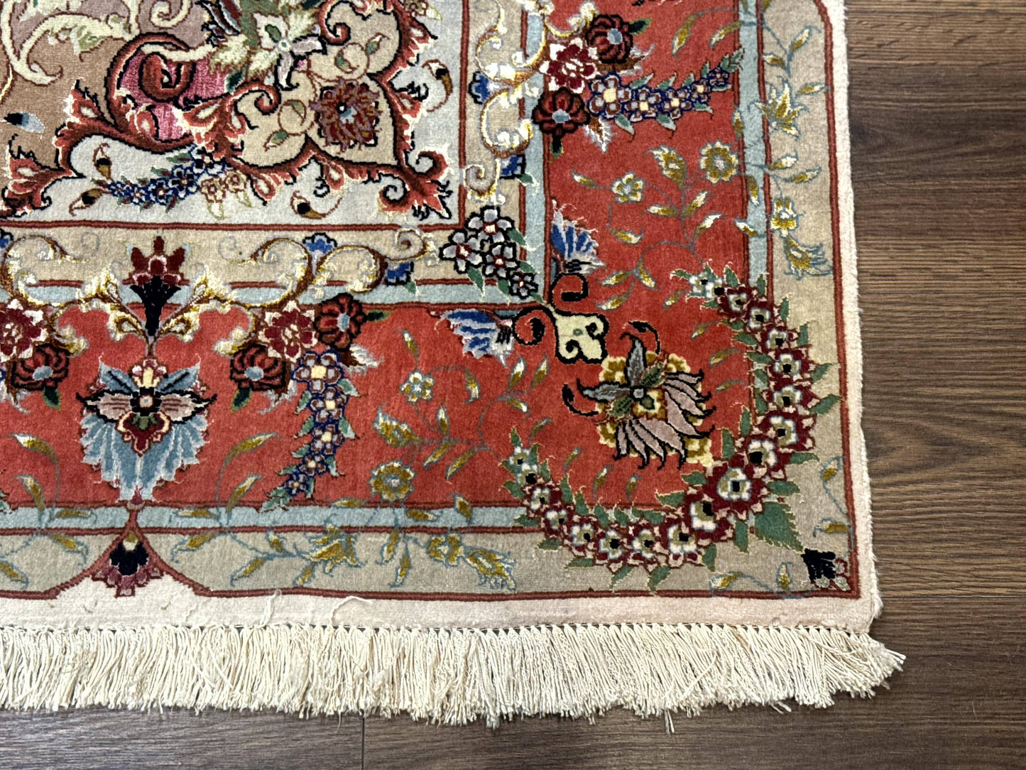 Wonderful Persian Tabriz Rug 5x7, Very Fine 440 KPSI, Ivory and Coral, Rare