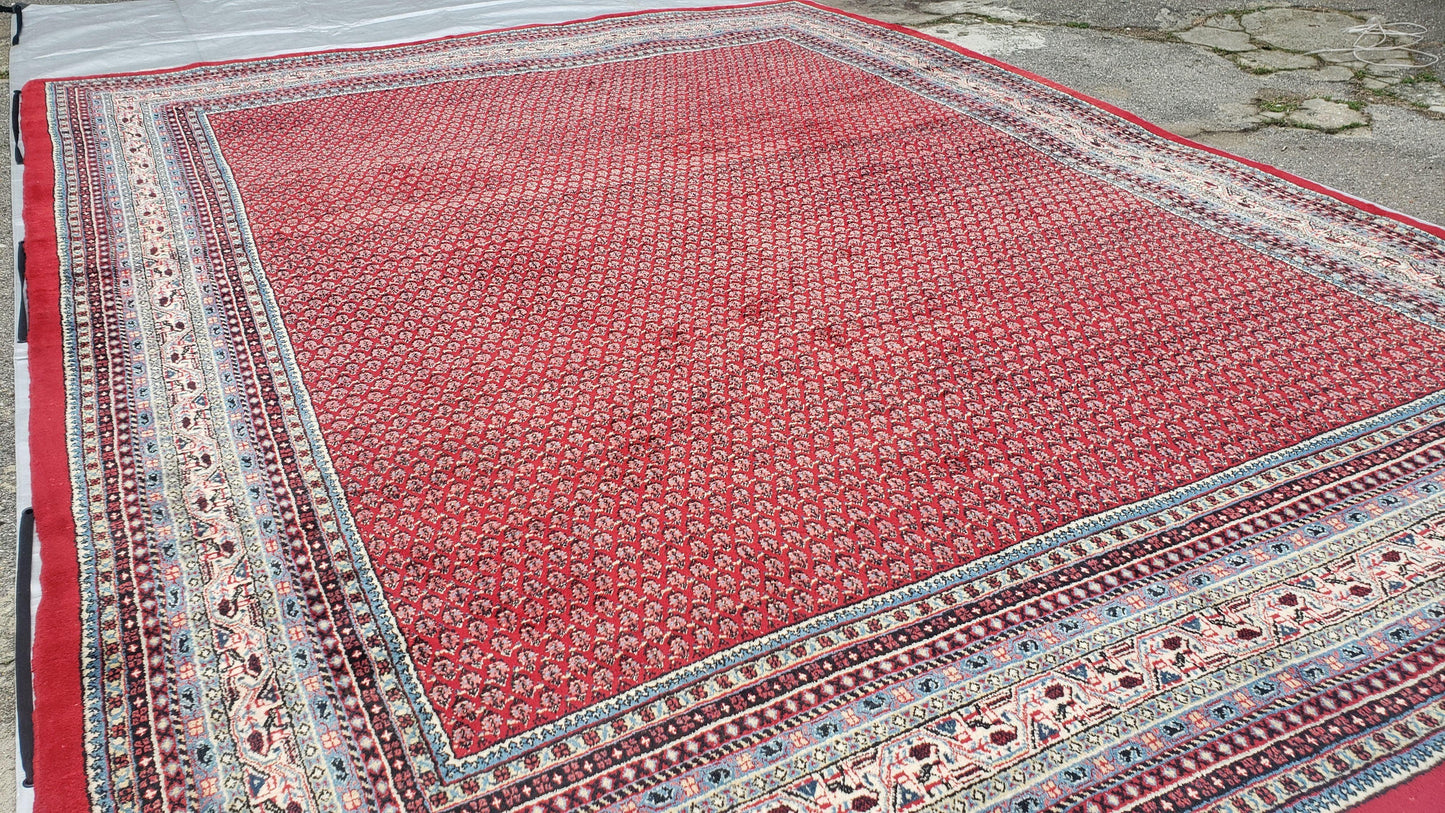 Persian Sarouk Mir Pattern, Red and Beige, Hand-Knotted, Wool, Paisley Boteh Design, 9'9" x 13', Semi Antique