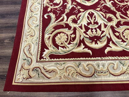 Burgundy Aubusson Wool Rug 6x9 Hand Knotted Vintage Carpet