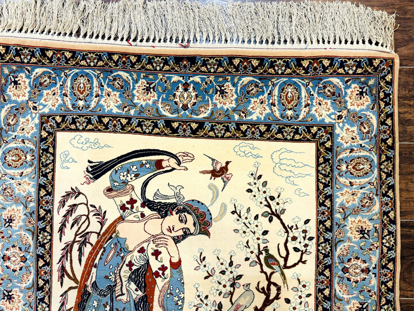 Persian Isfahan Pictorial Rug, Two Lovers, Kork Wool on Silk Foundation, Ivory and Light Blue, 500 KPSI Super Fine