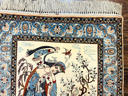 Persian Isfahan Pictorial Rug, Two Lovers, Kork Wool on Silk Foundation, Ivory and Light Blue, 500 KPSI Super Fine