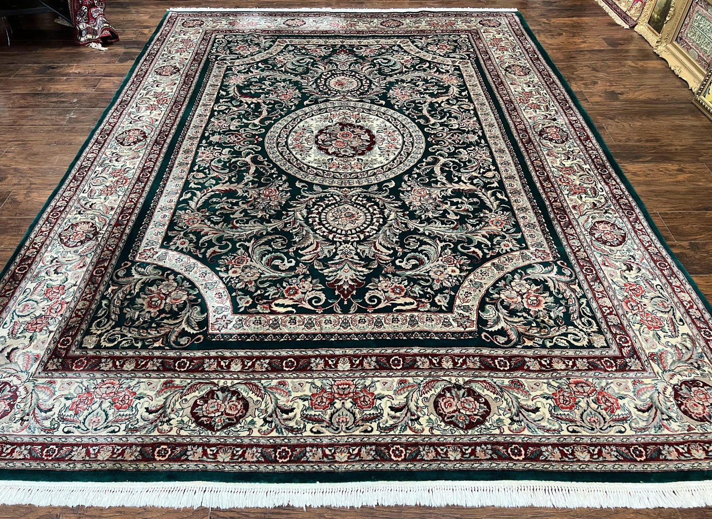Persian Rug 9x12 Dark Green Cream Floral Medallion Handmade Wool Carpet
