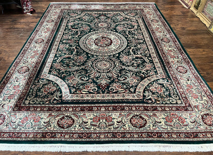 Persian Rug 9x12 Dark Green Cream Floral Medallion Handmade Wool Carpet