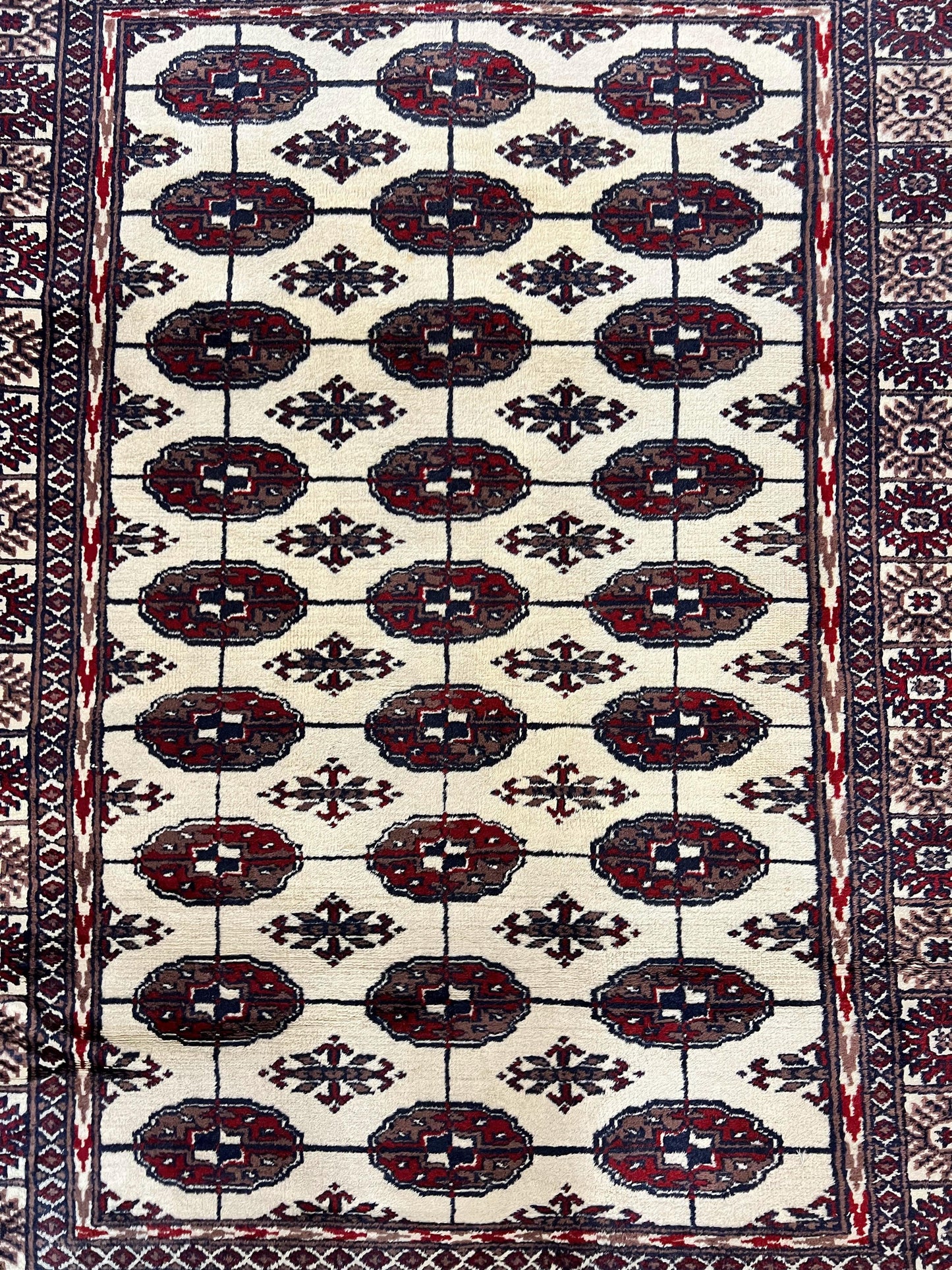 Pakistani Bokhara Rug 4x6 Vintage Handmade Wool Carpet Ivory Turkoman Style