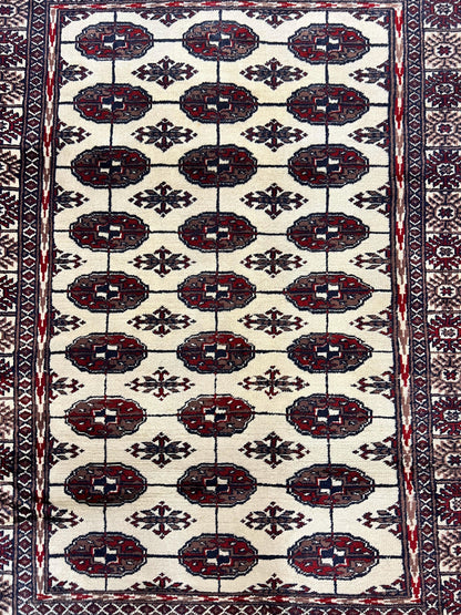 Pakistani Bokhara Rug 4x6 Vintage Handmade Wool Carpet Ivory Turkoman Style