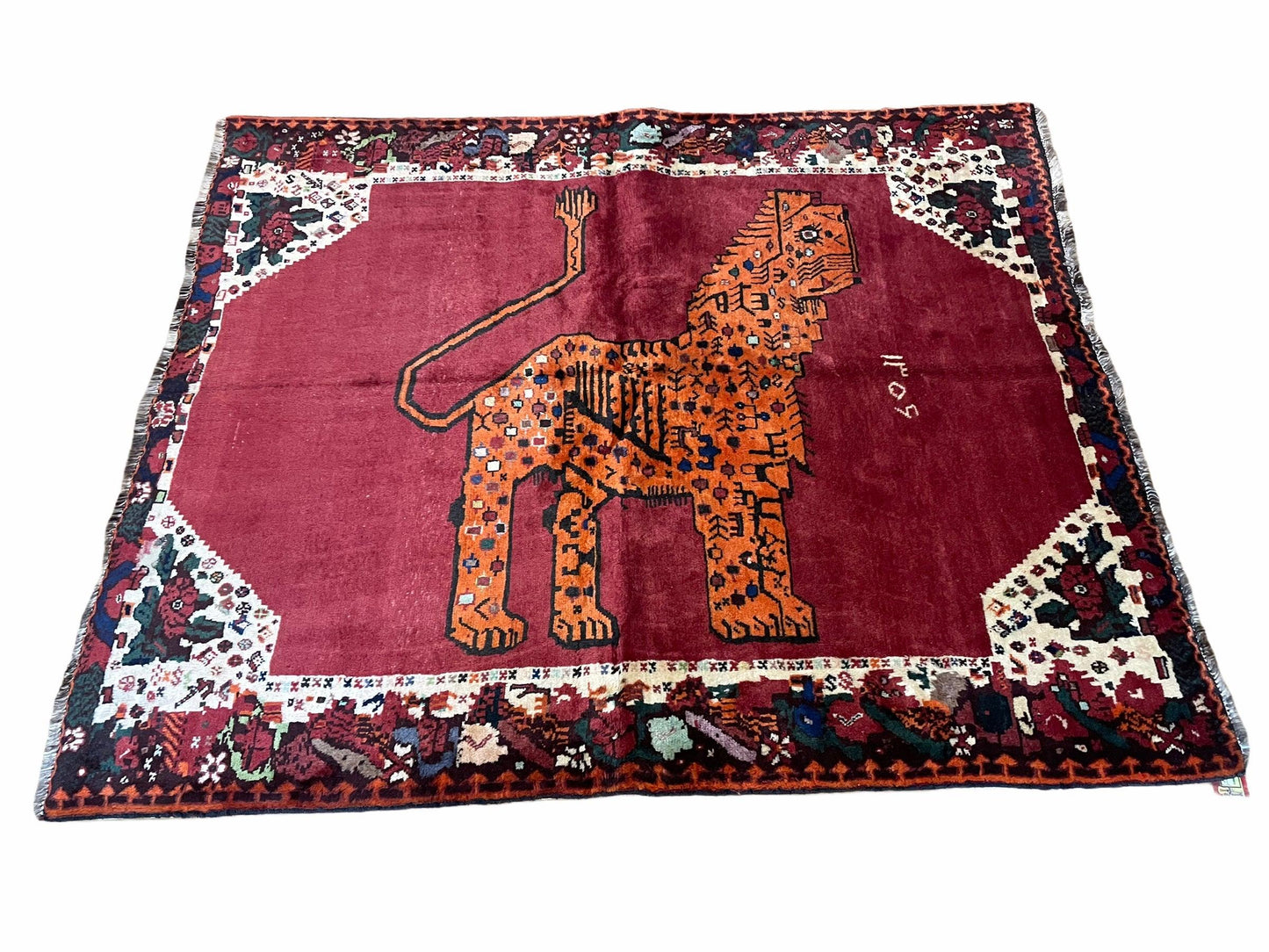 Handmade Wool Rug 5x6 Zagros Lion Leopard Tribal With Organic Dyes