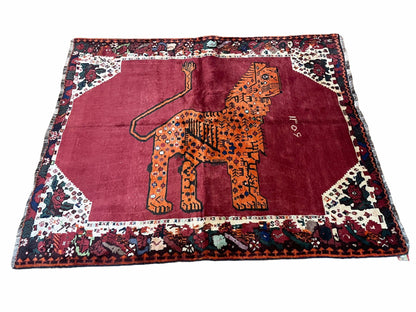 Handmade Wool Rug 5x6 Zagros Lion Leopard Tribal With Organic Dyes