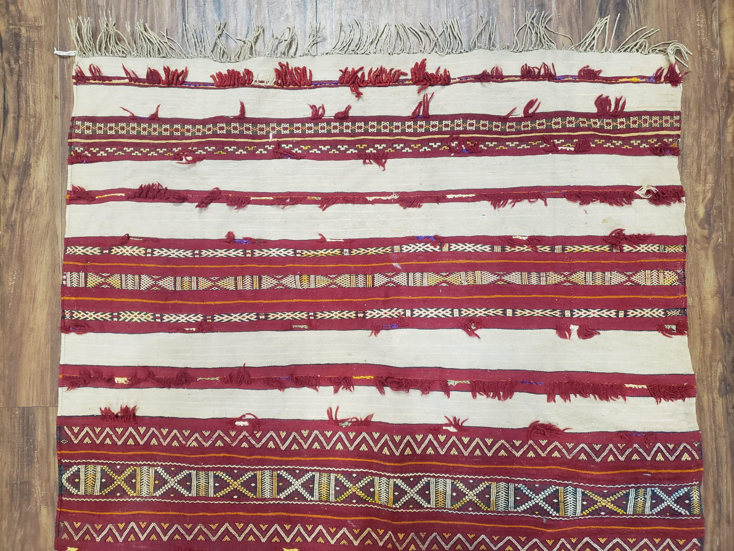 Turkoman Yamud Rug Antique 1920s Hand Knotted 3x5 ft Sofreh Table Cover Tribal Bohemian Ivory and Red