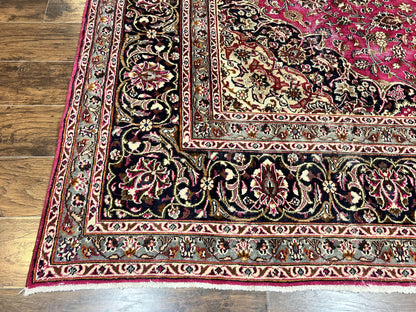 Persian Rug 10x13 Hand Knotted Wool Kashmar Carpet With Floral Medallion In Raspberry Red And Navy Blue