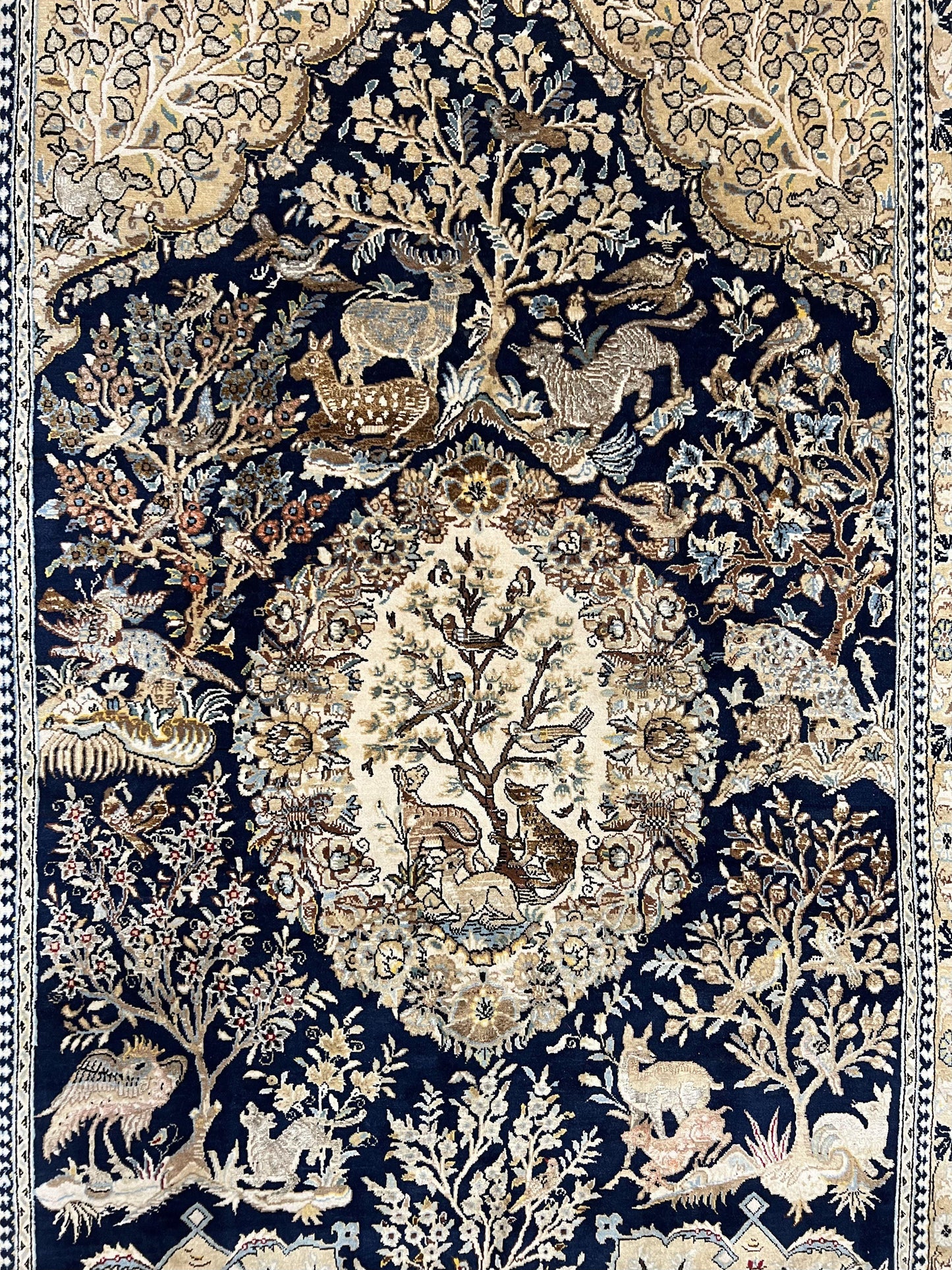 Persian Qum Rug 6x9 Hand Knotted Tree Of Life Oriental Carpet Navy Blue Green