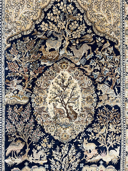 Persian Qum Rug 6x9 Hand Knotted Tree Of Life Oriental Carpet Navy Blue Green