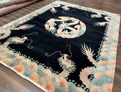 Black Chinese Wool Rug 8x10 Hand Knotted Dragons With Rainbow Borders