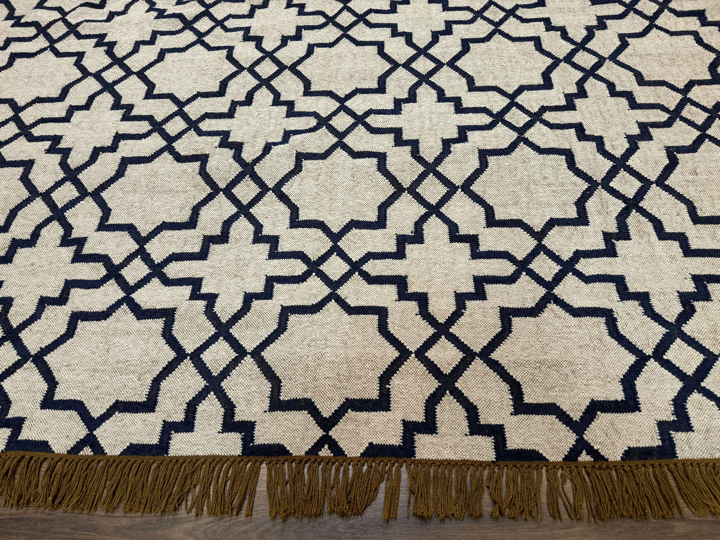 Indian Kilim Rug 8x10 Handwoven Wool Dhurrie Carpet Oat And Navy Blue