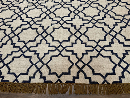 Indian Kilim Rug 8x10 Handwoven Wool Dhurrie Carpet Oat And Navy Blue