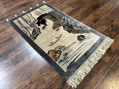 Chinese Silk Wall Hanging Hand Knotted 3x5 Feet River And Boat Scene Rug Tapestry For Home Decor