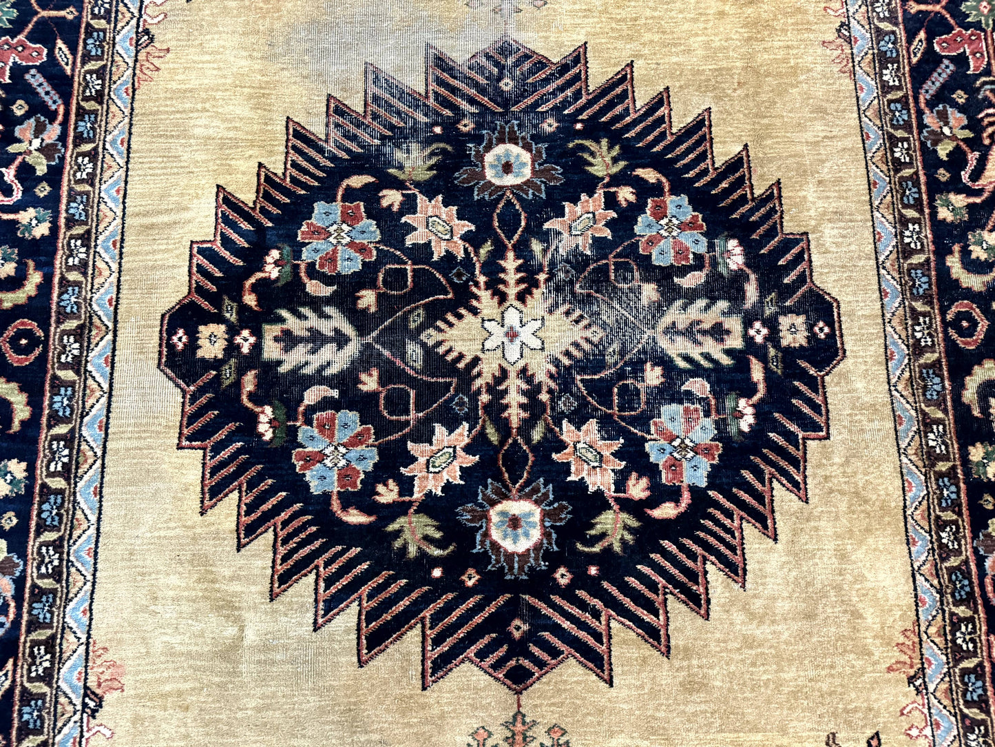 Indo Persian Heriz Rug 8x12 Hand Knotted Wool Decorative Vintage Area Rug Camel Hair Tan And Navy Blue